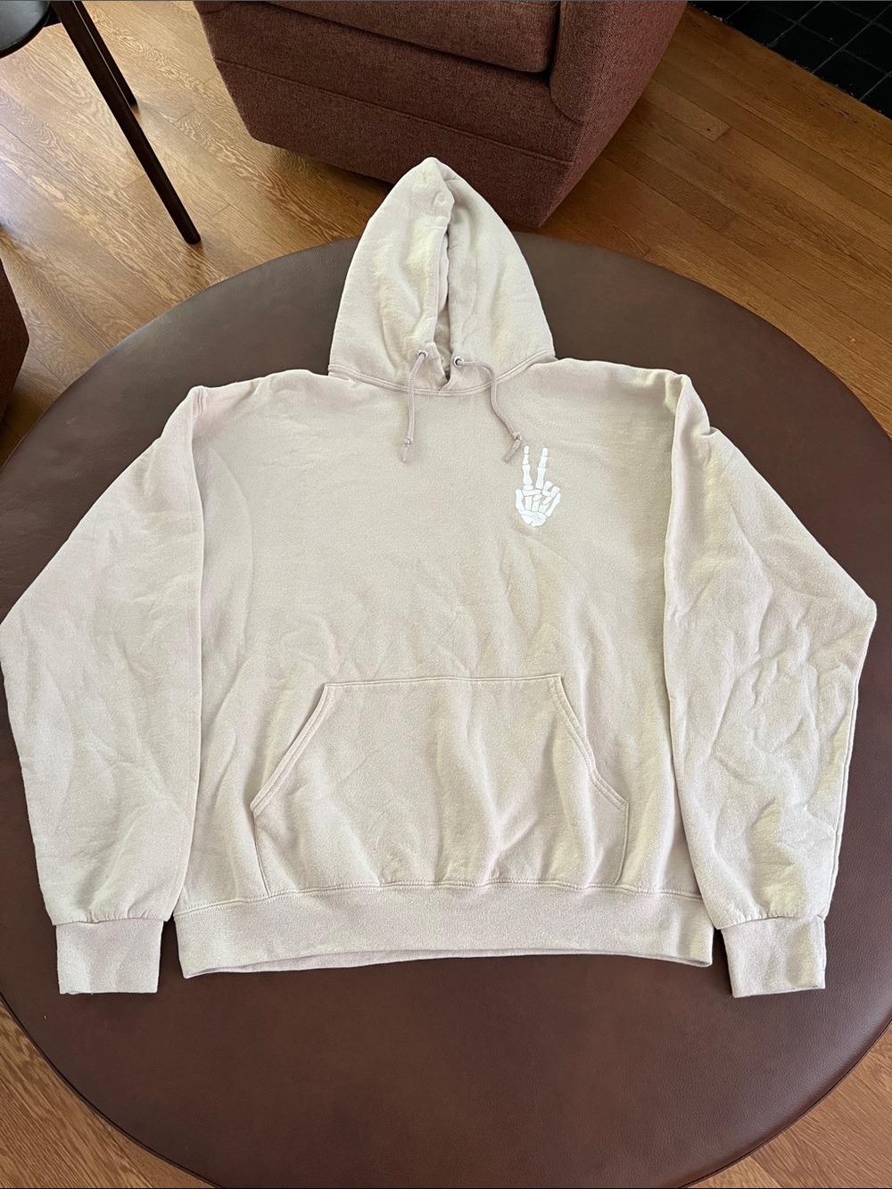 Bowery skeleton peace sign hoodie tan large